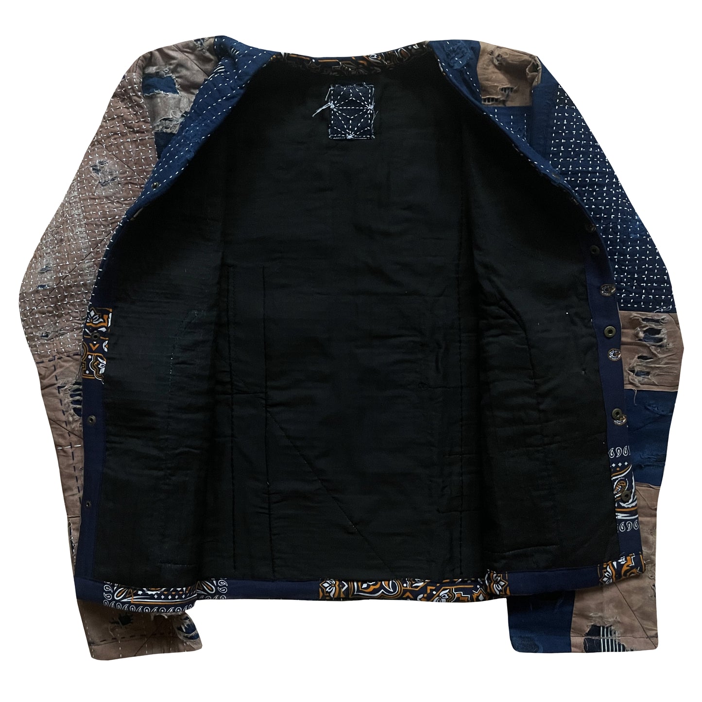 Indigo Collarless Boro Denim Jacket - M