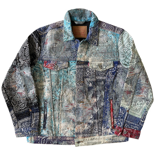 Boro Bandana Sashiko Distressed Denim Trucker Jacket - XL