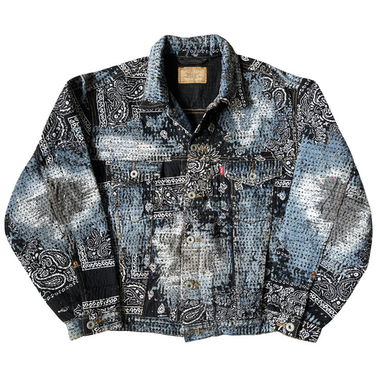 Boro Patchwork Sashiko Distressed Denim Trucker Jacket - L