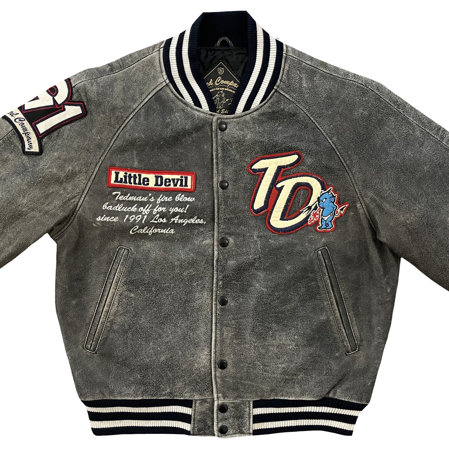 Tedman's Acid Wash Leather Varsity Jacket - L