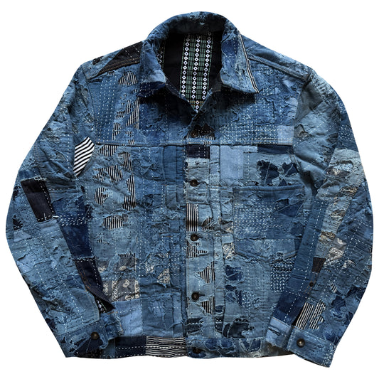 Indigo Boro Sashiko Distressed Denim Trucker Jacket - L