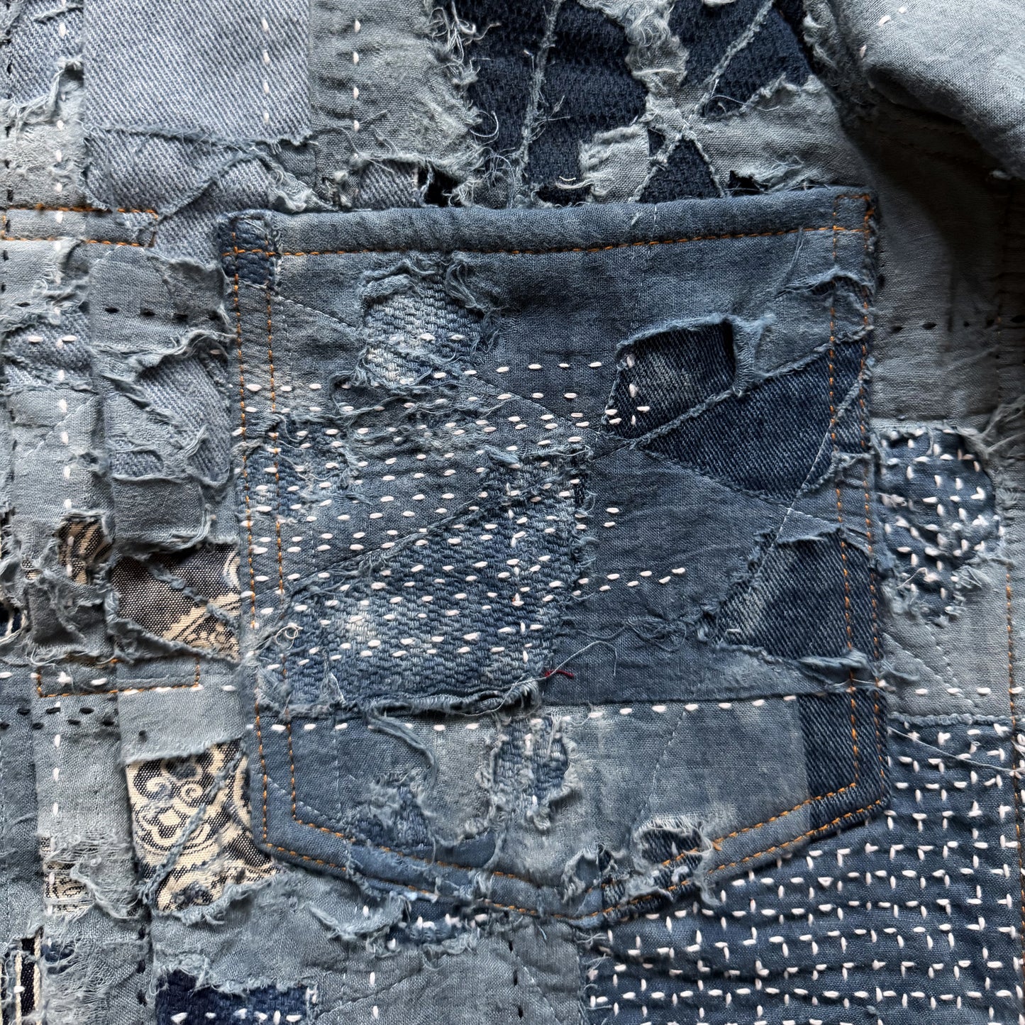 Indigo Boro Sashiko Distressed Denim Trucker Jacket - L