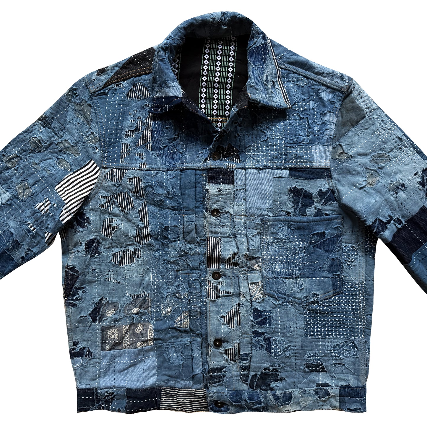 Indigo Boro Sashiko Distressed Denim Trucker Jacket - L