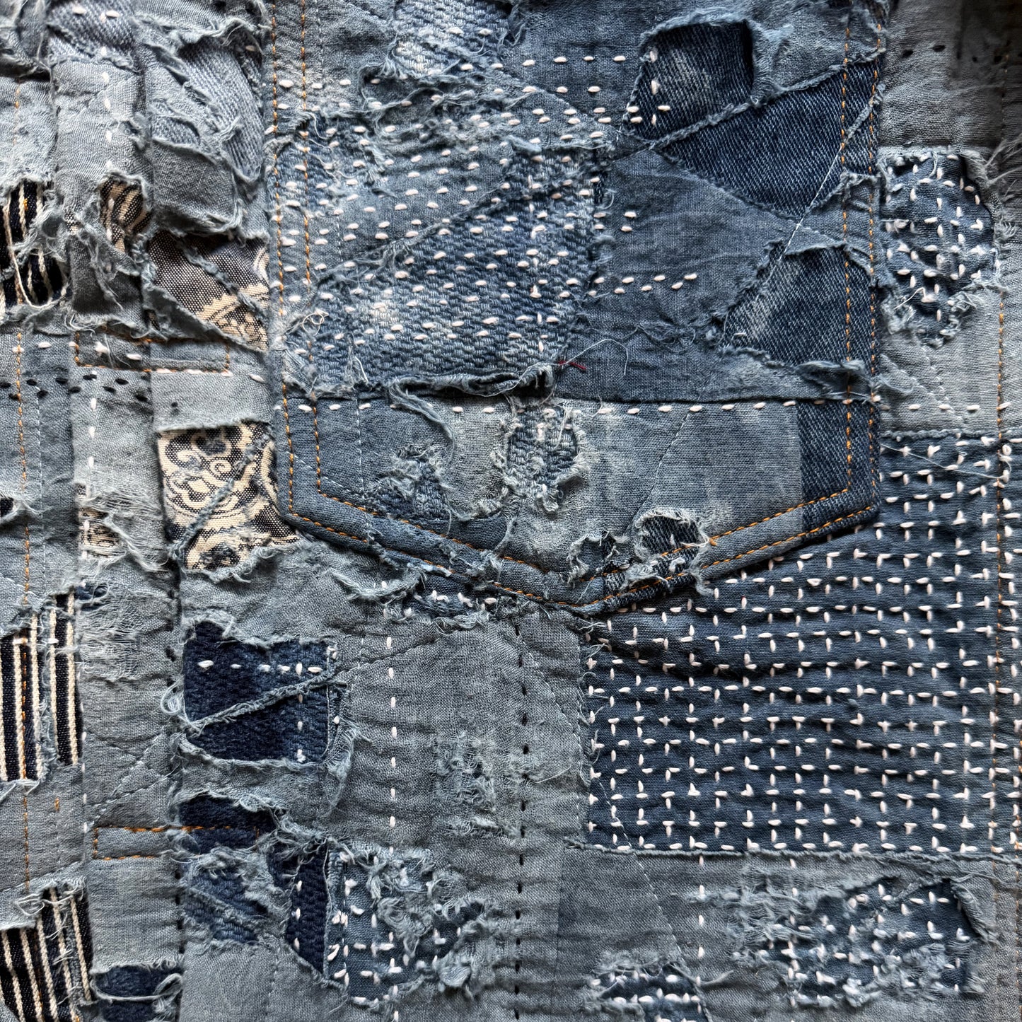 Indigo Boro Sashiko Distressed Denim Trucker Jacket - L