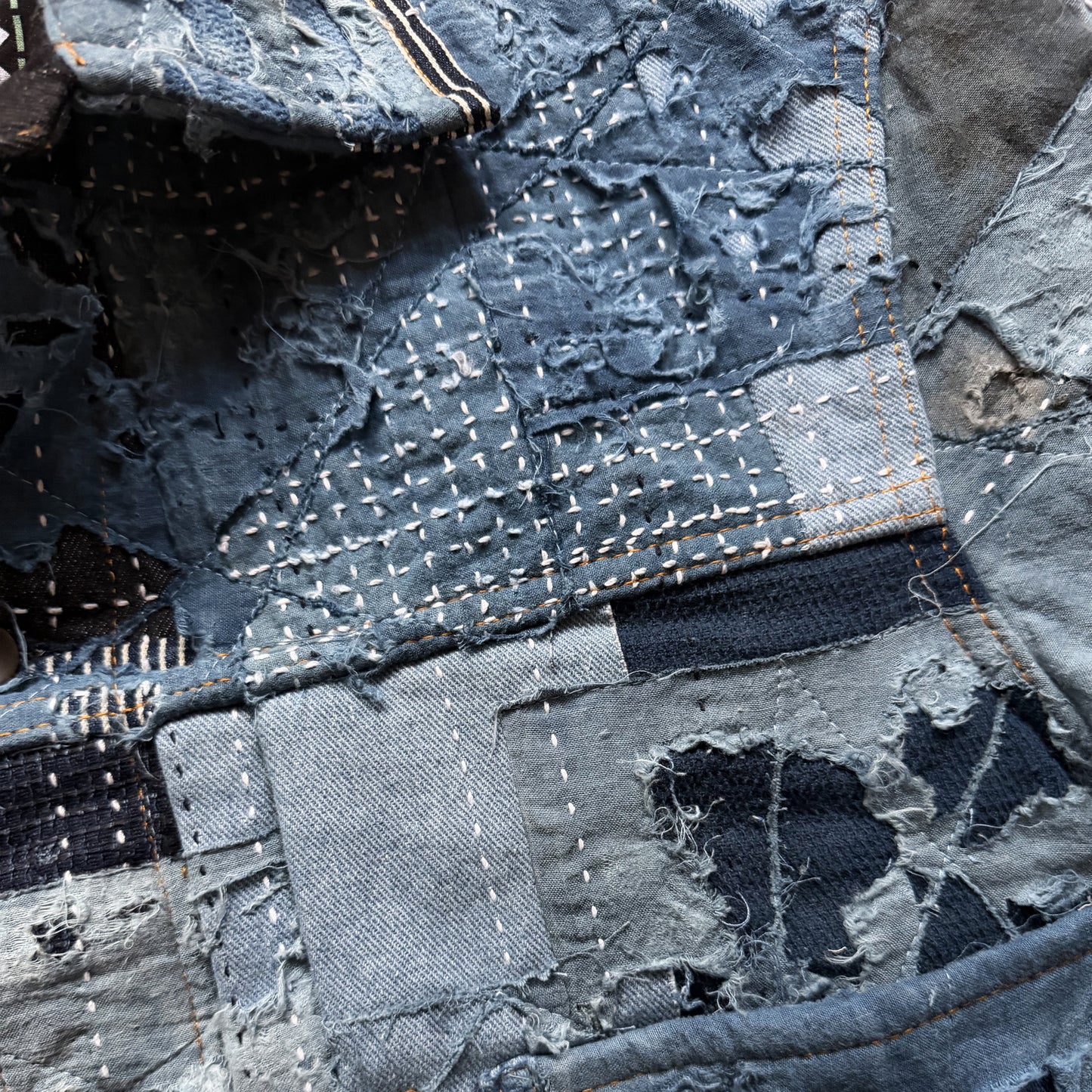 Indigo Boro Sashiko Distressed Denim Trucker Jacket - L