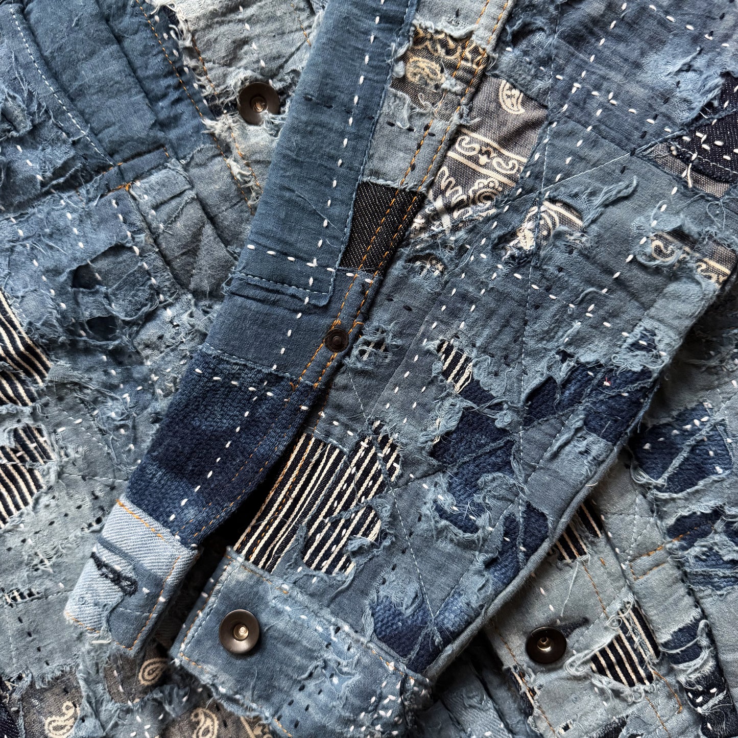 Indigo Boro Sashiko Distressed Denim Trucker Jacket - L