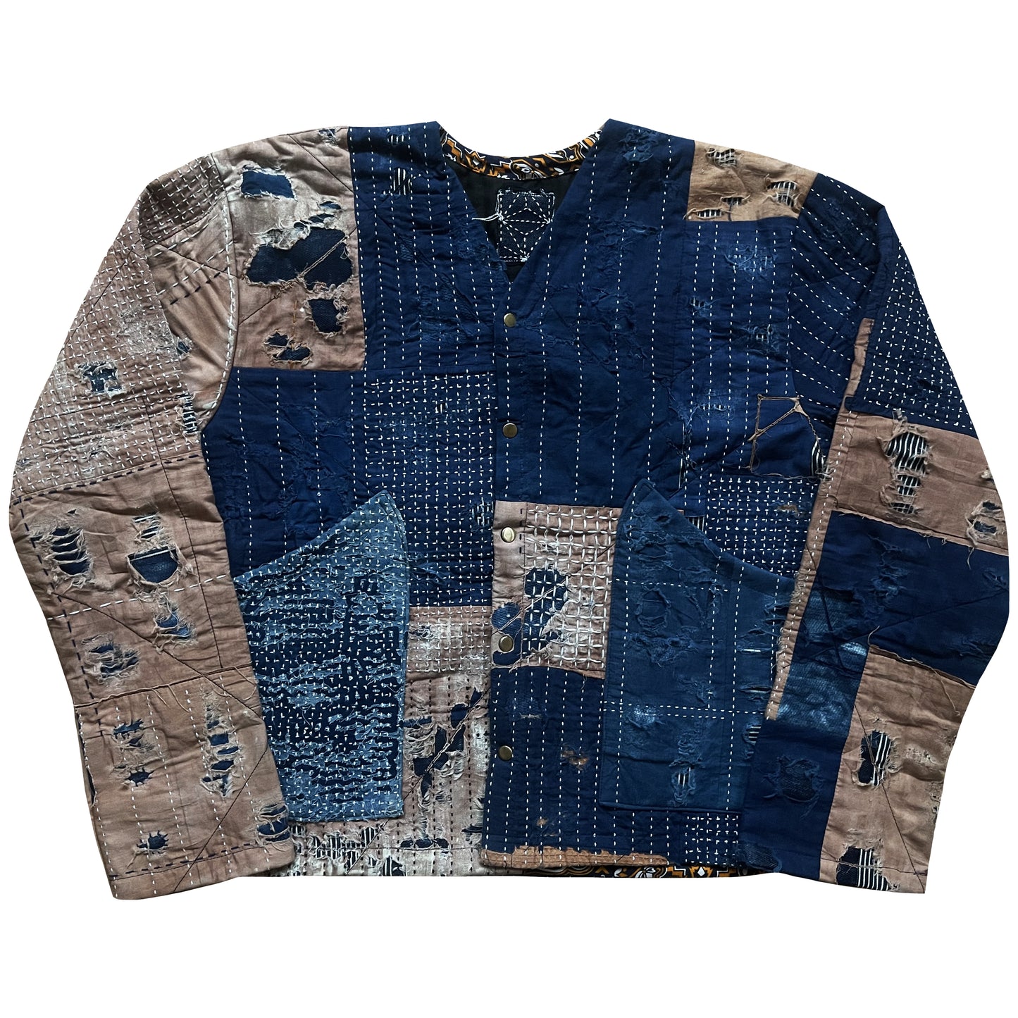 Indigo Collarless Boro Denim Jacket - M