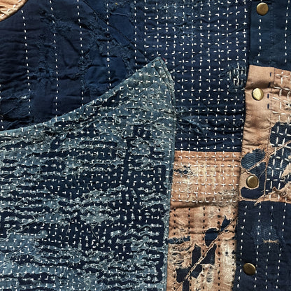 Indigo Collarless Boro Denim Jacket - M