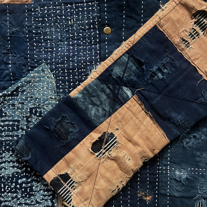 Indigo Collarless Boro Denim Jacket - M