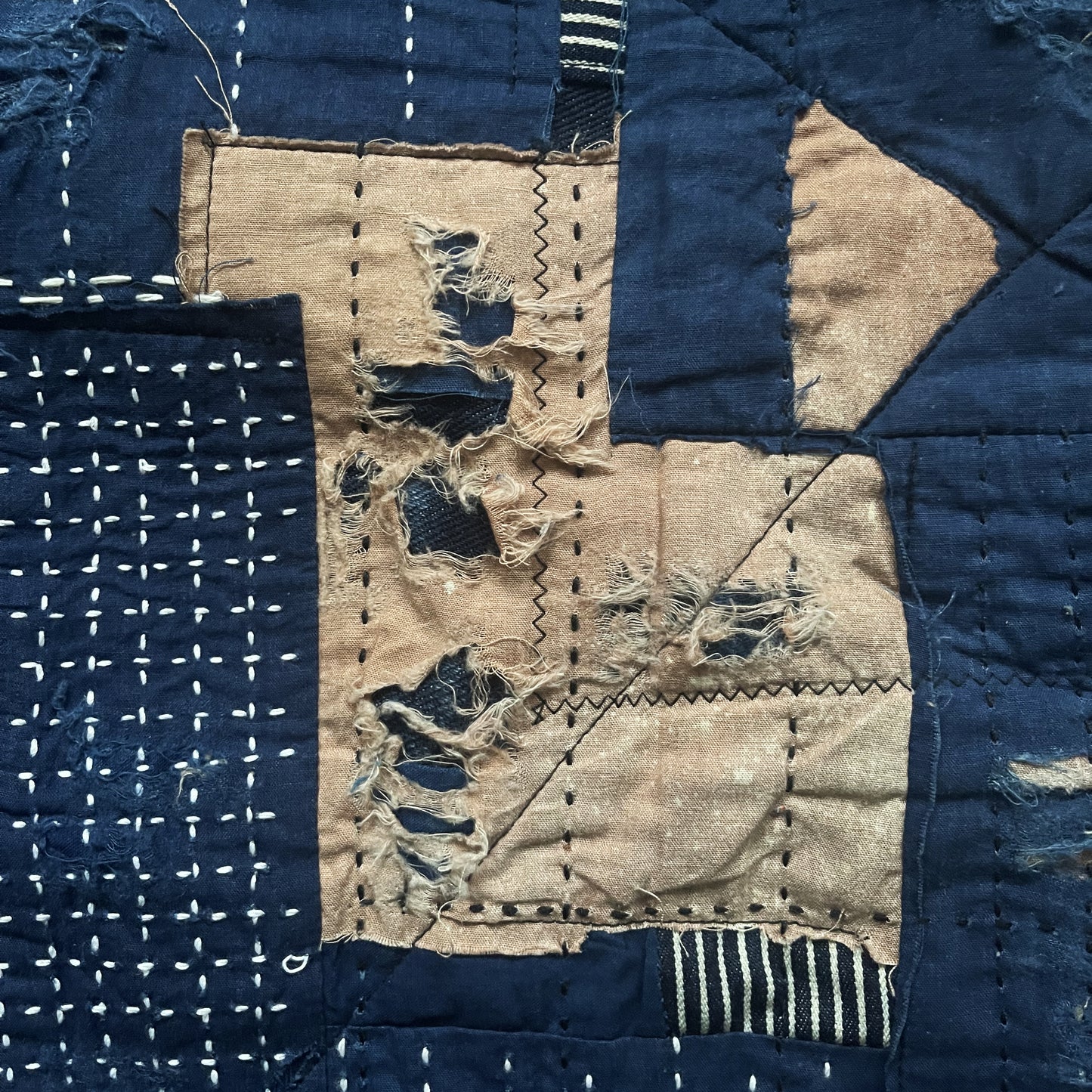 Indigo Collarless Boro Denim Jacket - M