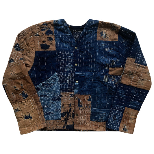 Indigo Collarless Boro Denim Jacket - M