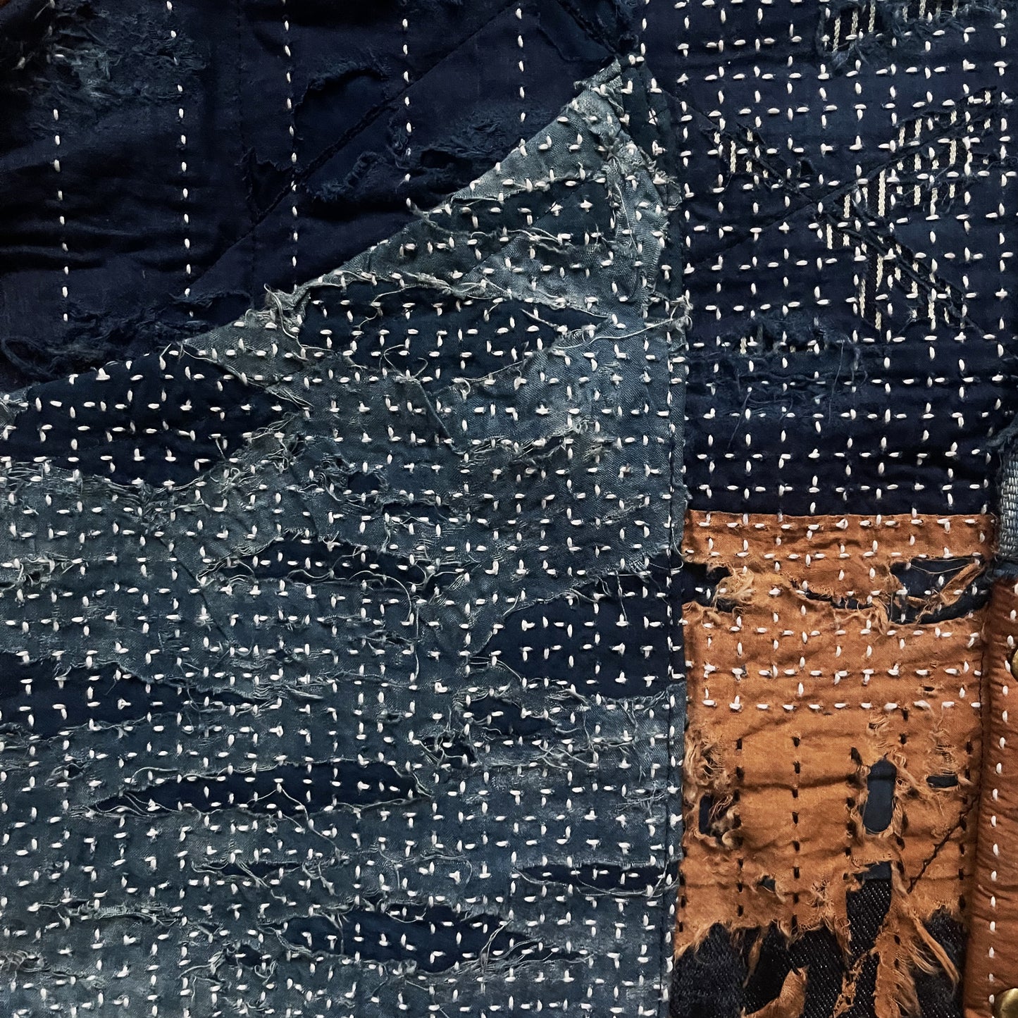 Indigo Collarless Boro Denim Jacket - M