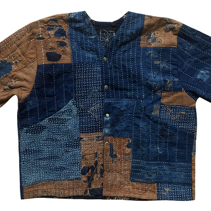 Indigo Collarless Boro Denim Jacket - M