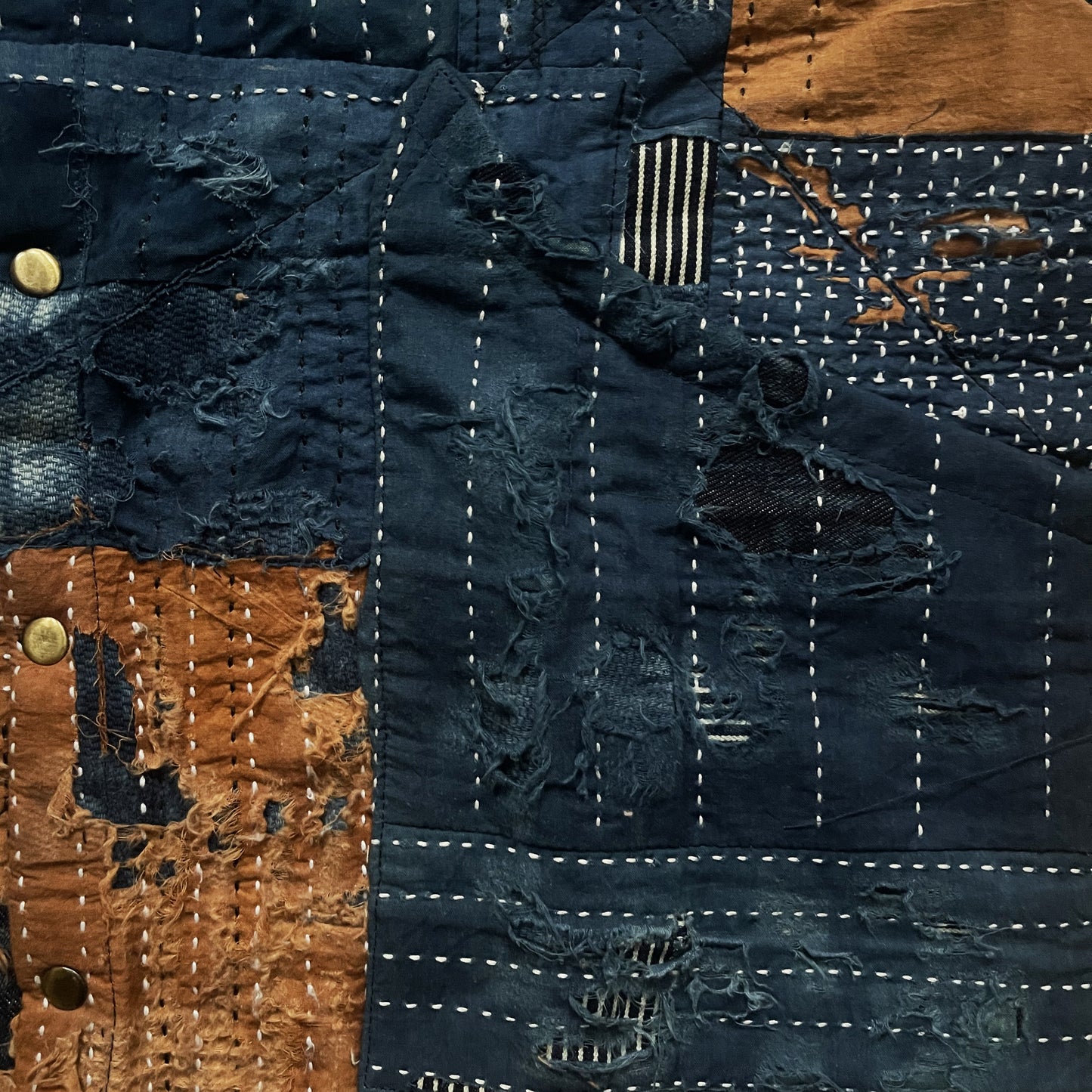 Indigo Collarless Boro Denim Jacket - M