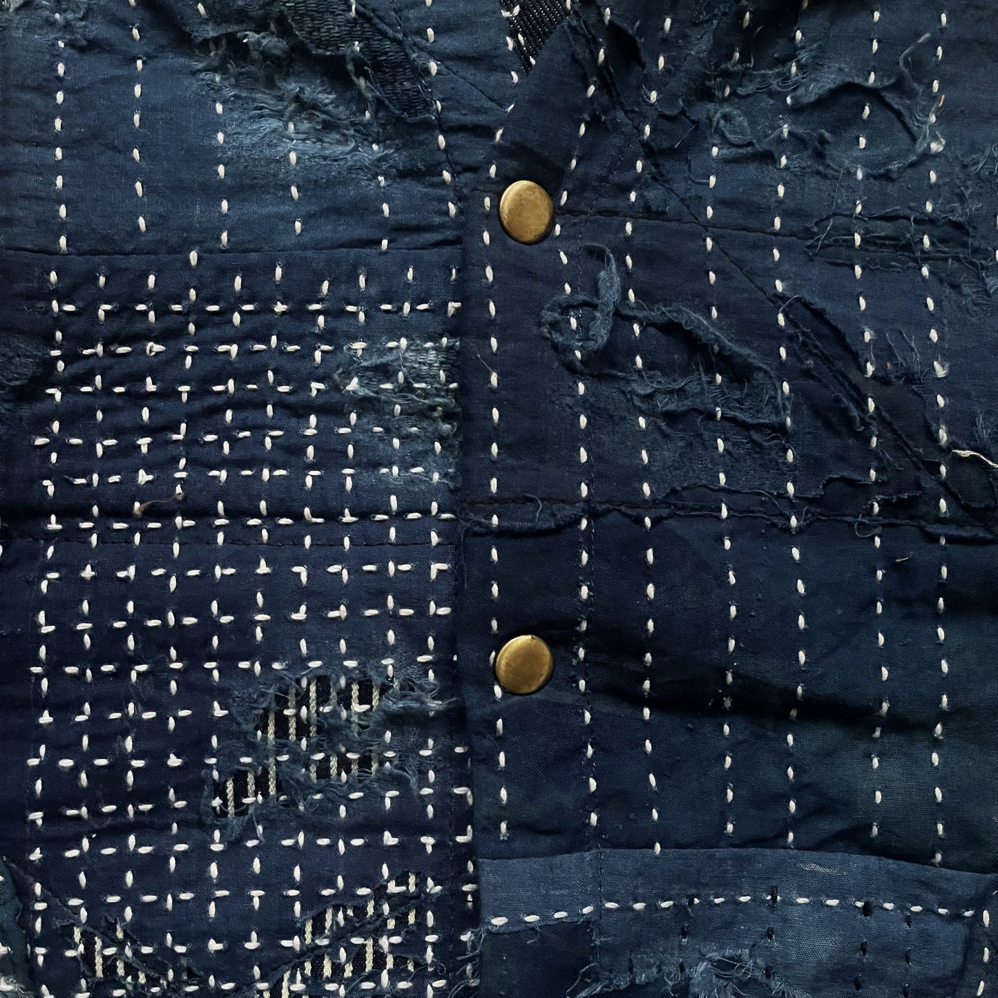Indigo Collarless Boro Denim Jacket - M