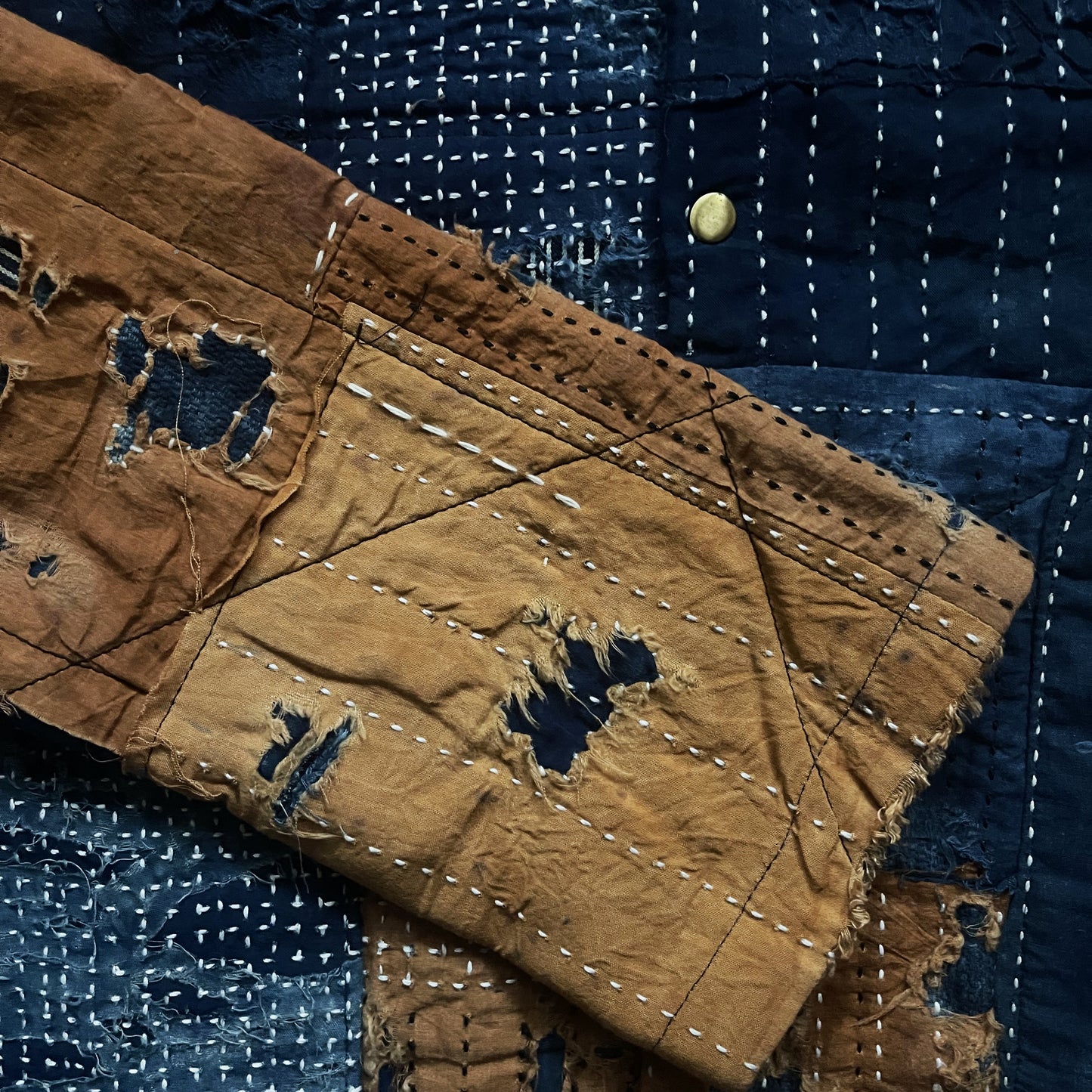 Indigo Collarless Boro Denim Jacket - M