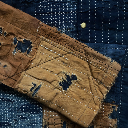 Indigo Collarless Boro Denim Jacket - M