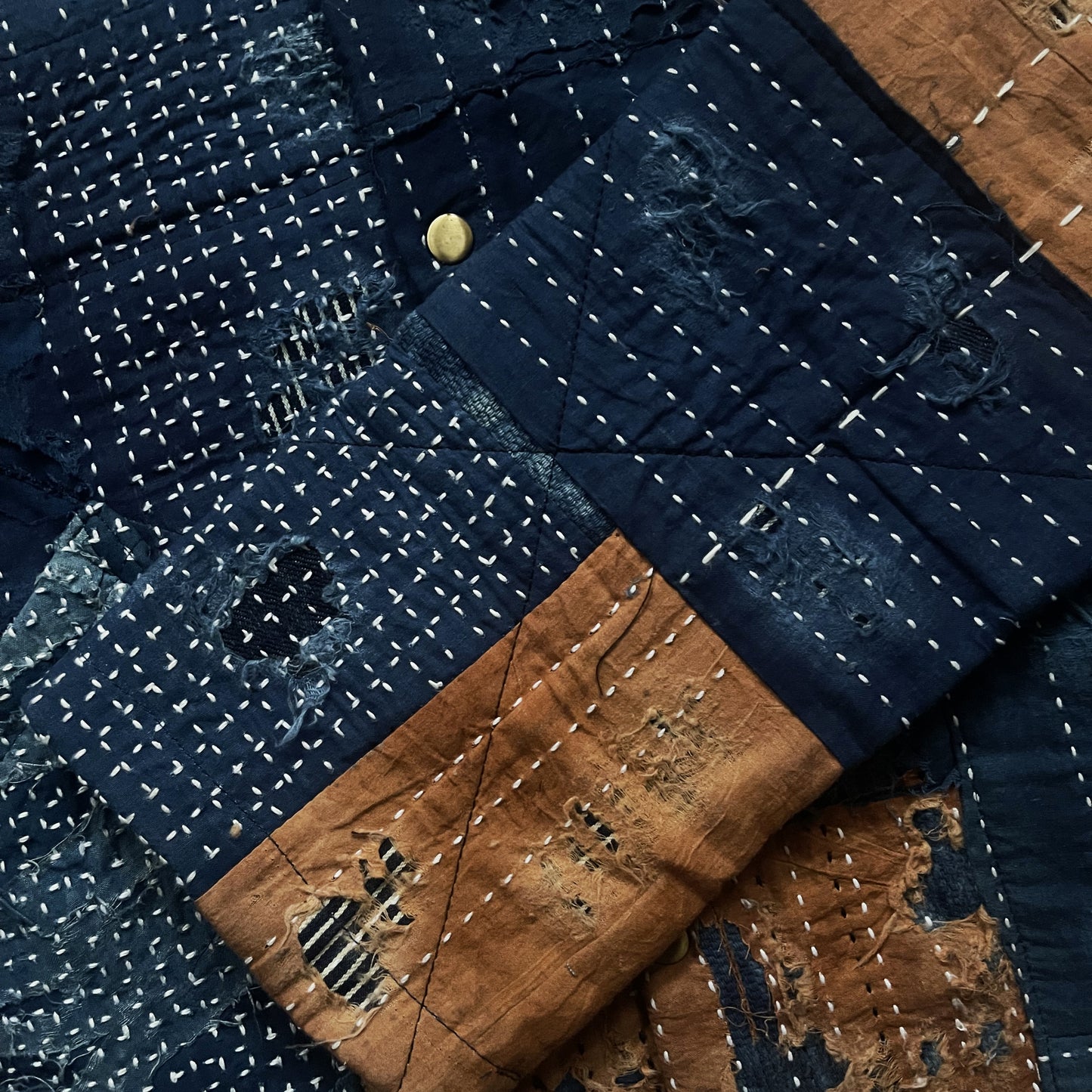 Indigo Collarless Boro Denim Jacket - M