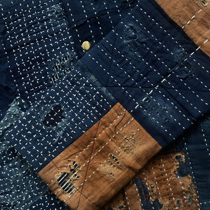 Indigo Collarless Boro Denim Jacket - M