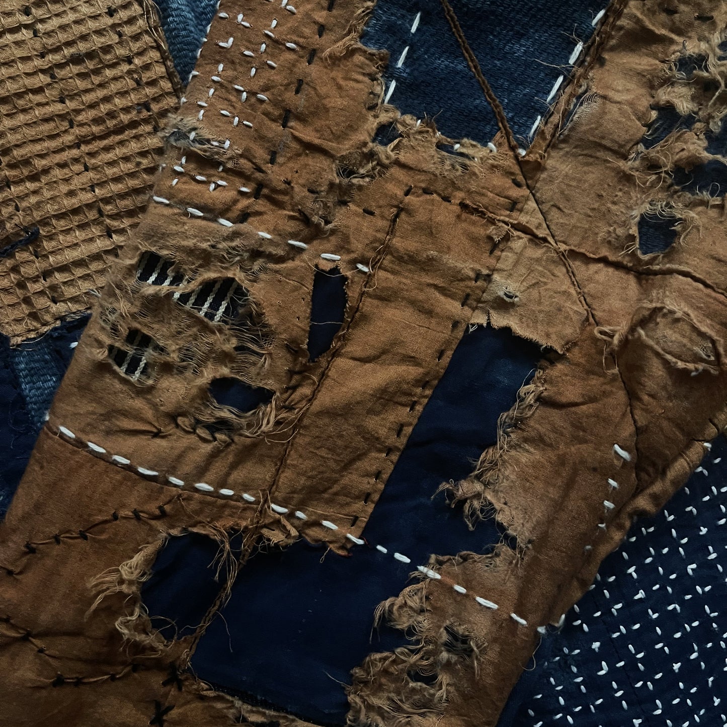 Indigo Collarless Boro Denim Jacket - M