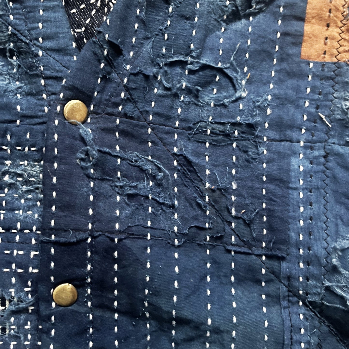 Indigo Collarless Boro Denim Jacket - M