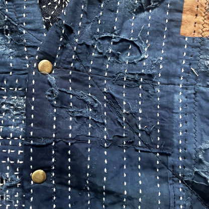 Indigo Collarless Boro Denim Jacket - M