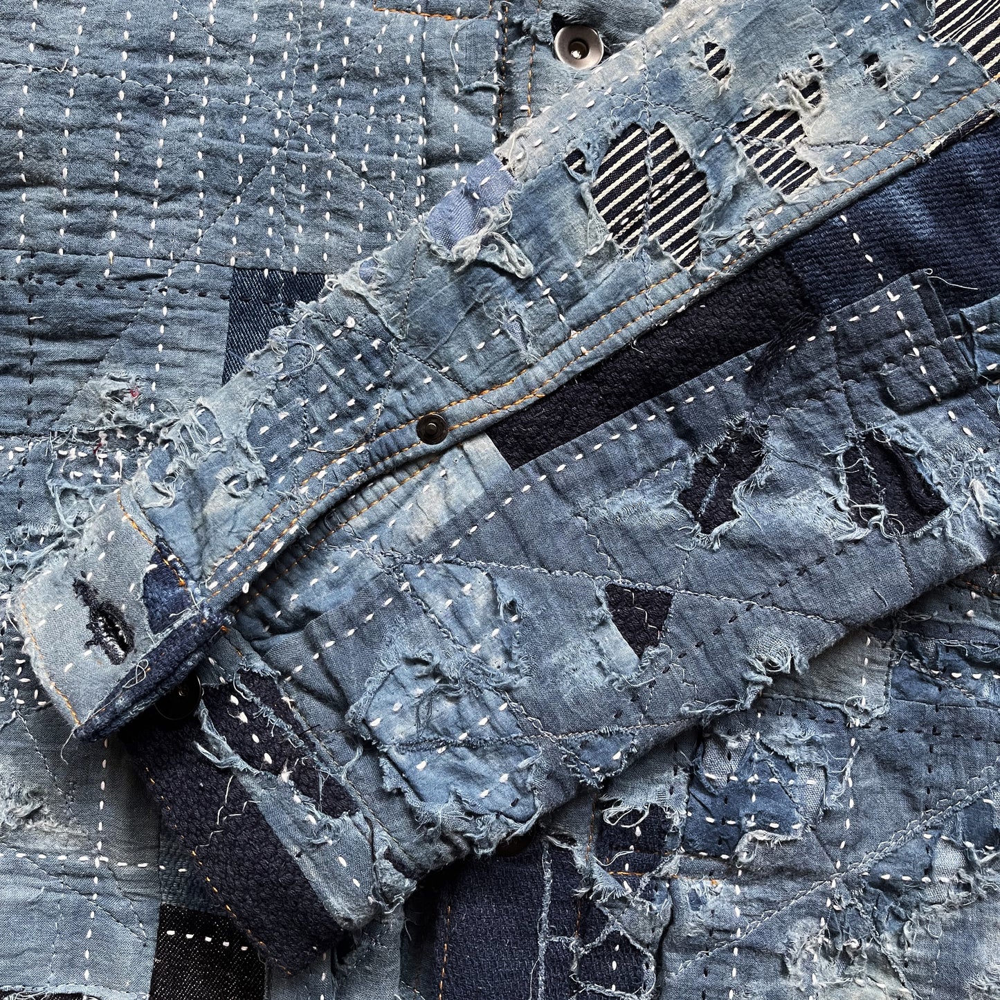 Indigo Boro Sashiko Distressed Denim Trucker Jacket - L