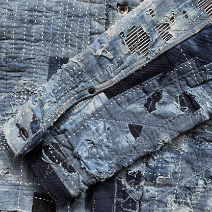 Indigo Boro Sashiko Distressed Denim Trucker Jacket - L