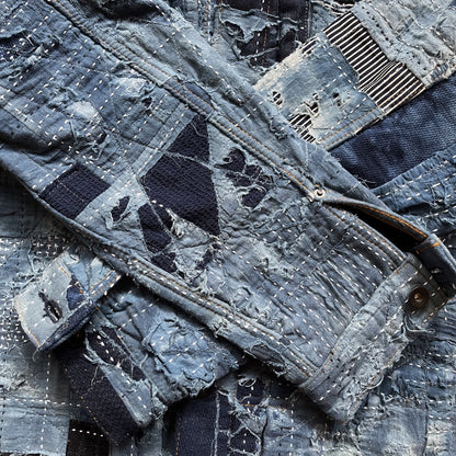 Indigo Boro Sashiko Distressed Denim Trucker Jacket - L