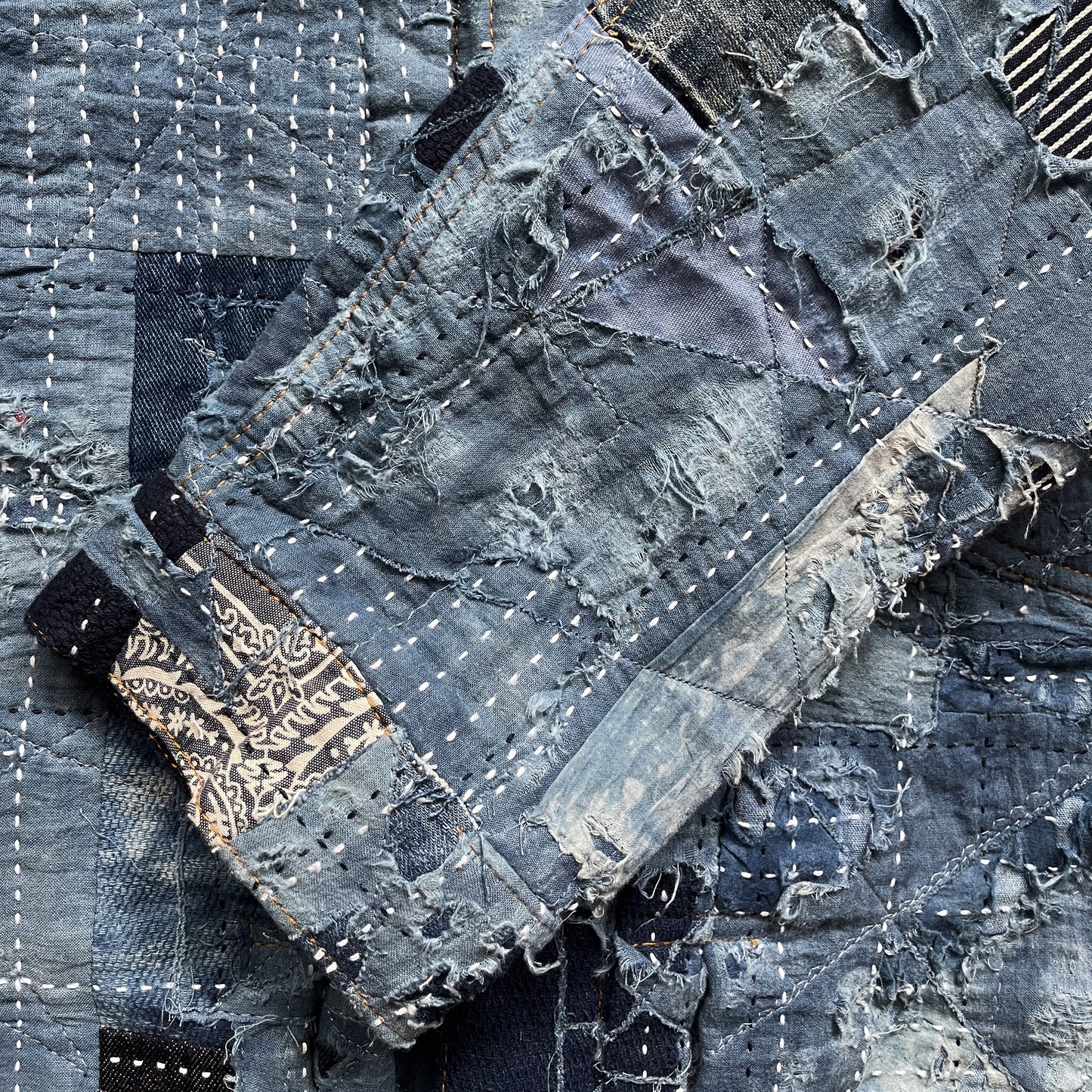 Indigo Boro Sashiko Distressed Denim Trucker Jacket - L