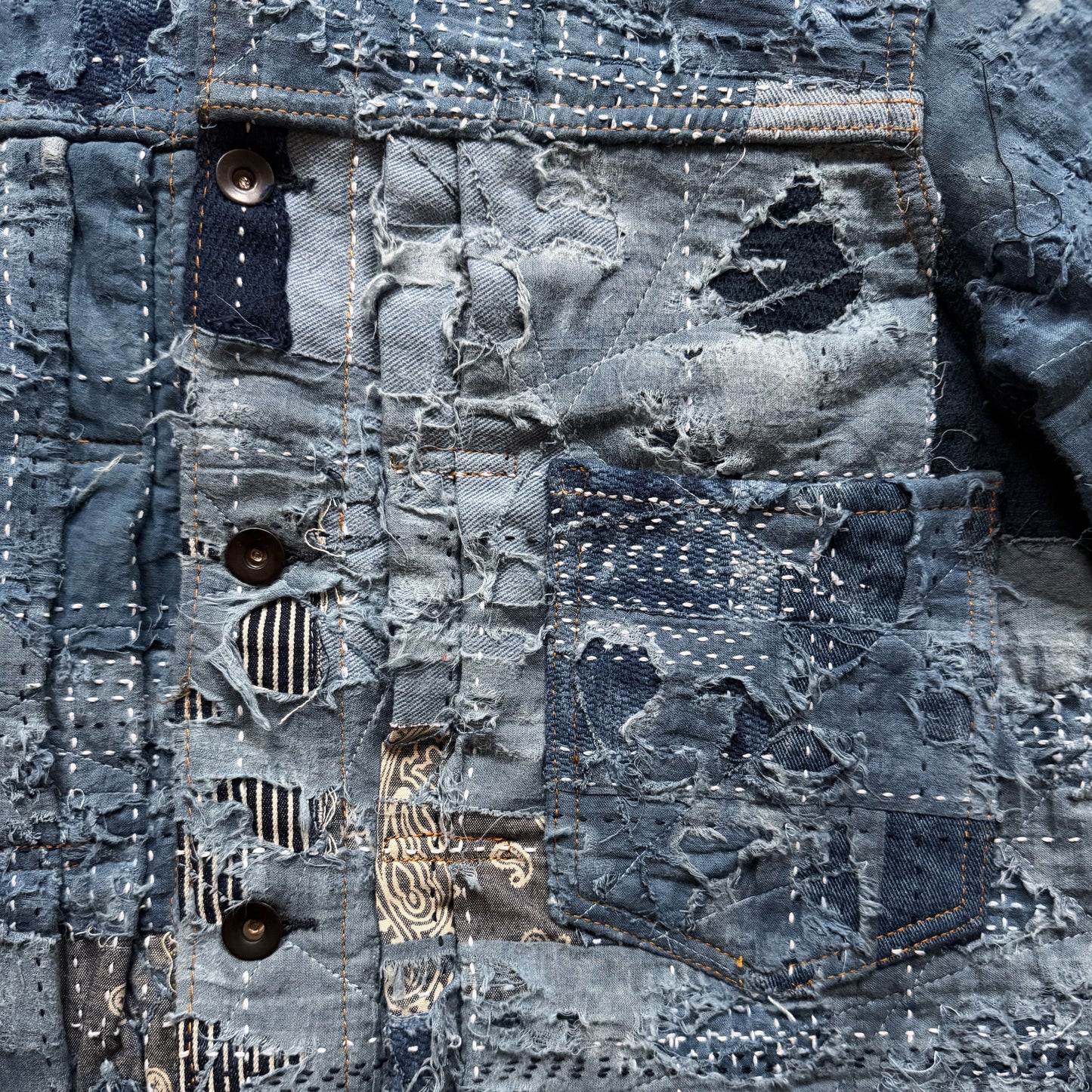 Indigo Boro Sashiko Distressed Denim Trucker Jacket - M