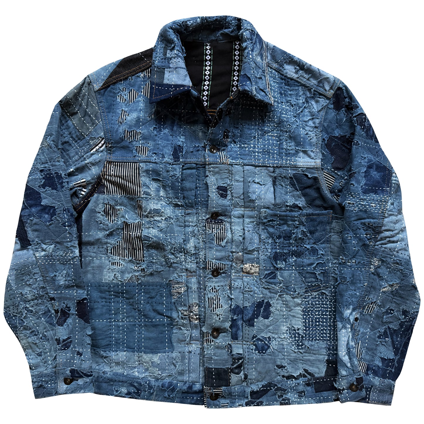 Indigo Boro Sashiko Distressed Denim Trucker Jacket - XL