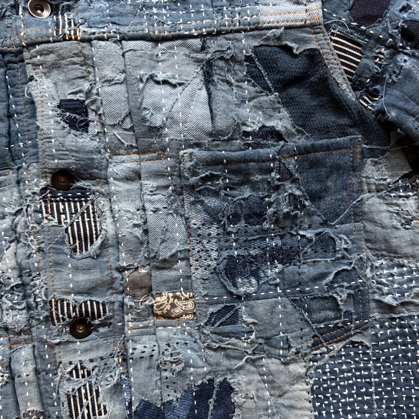 Indigo Boro Sashiko Distressed Denim Trucker Jacket - XL