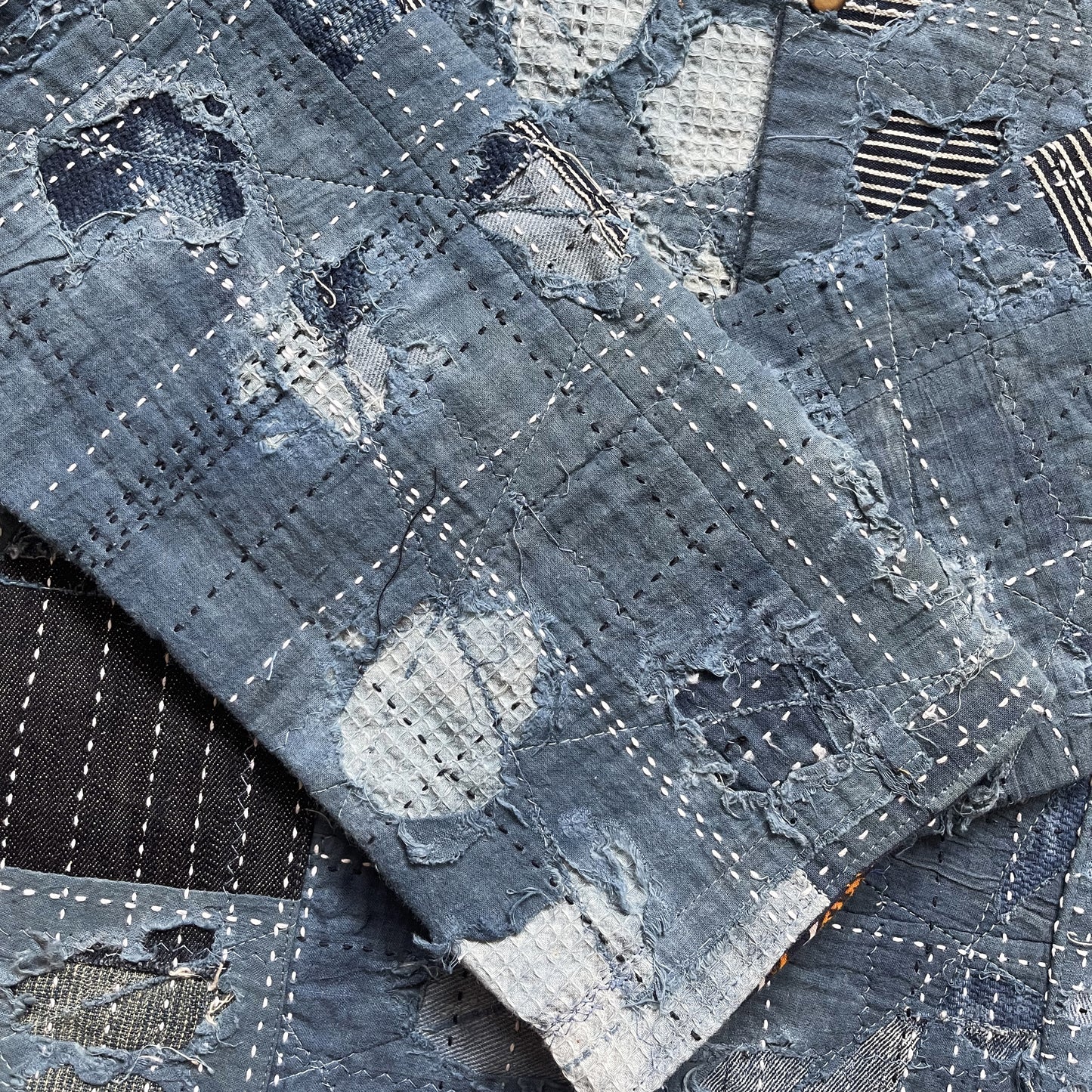 Indigo Collarless Boro Denim Jacket - M